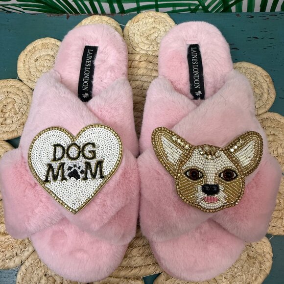 LAINES LONDON Classic Slippers With Enki-doo & Dog Mum / Mom Brooches - Size - M - Picture 4 of 5